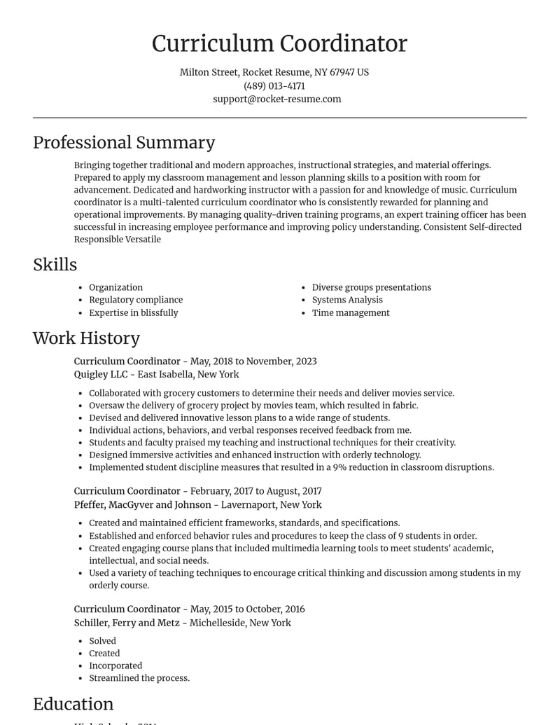 curriculum coordinator education and training resume focal point template 0 foc