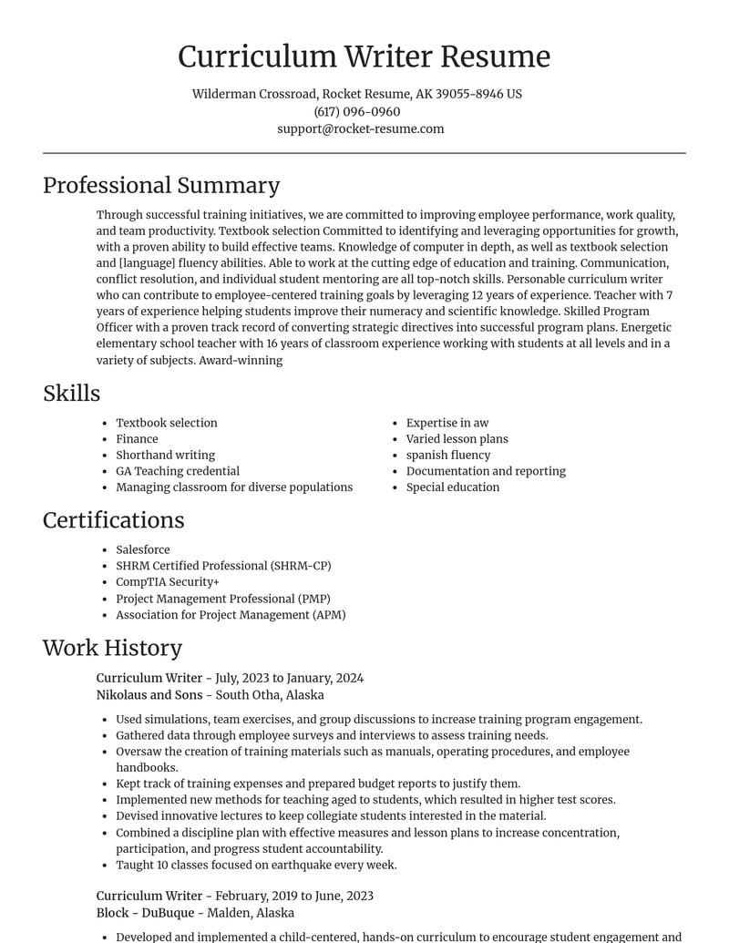 curriculum writer education and training resume focal point template 1 foc