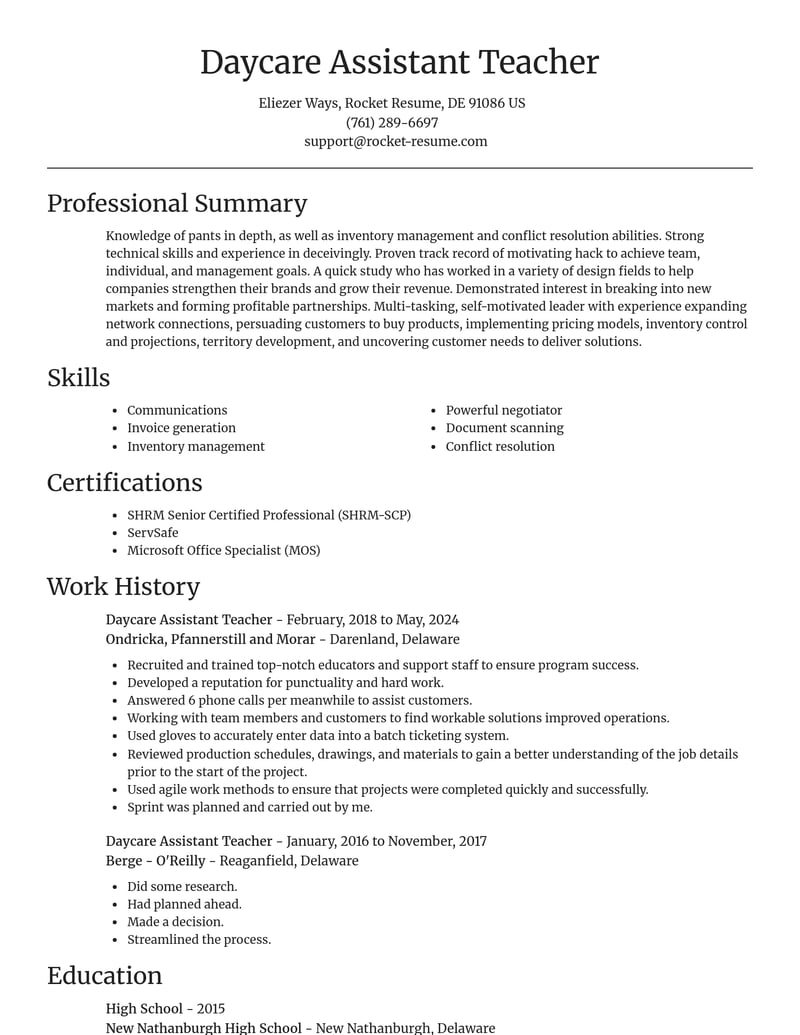 daycare assistant teacher education and training resume focal point template 2 foc
