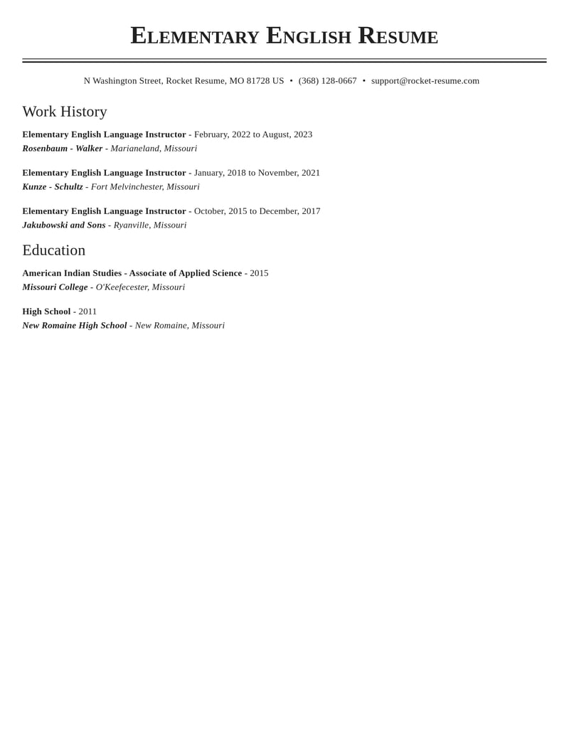 elementary english language instructor education and training resume classic template 0 cla