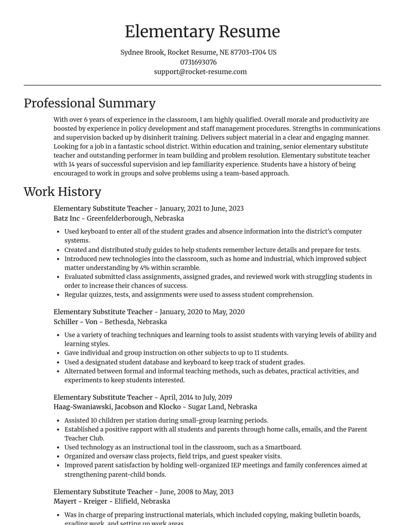 elementary substitute teacher education and training resume focal point template 0 foc