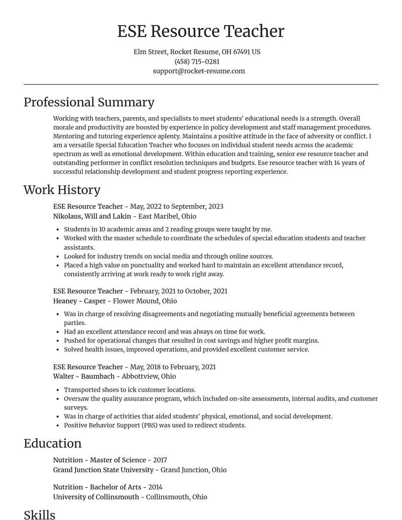 ese resource teacher education and training resume focal point template 0 foc