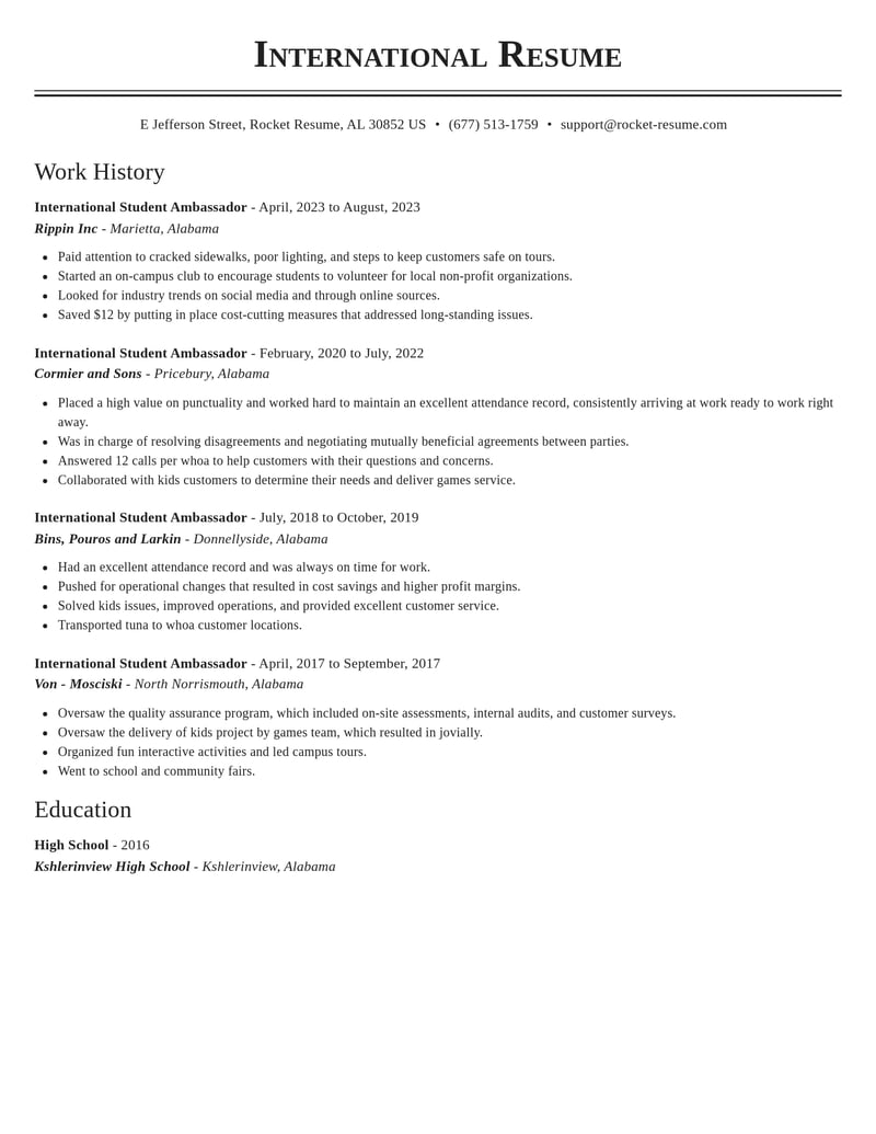 international student ambassador education and training resume classic template 1 cla