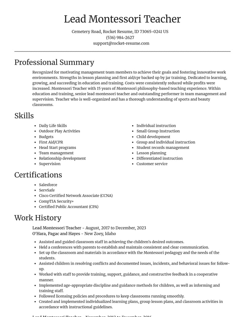 lead montessori teacher education and training resume focal point template 0 foc