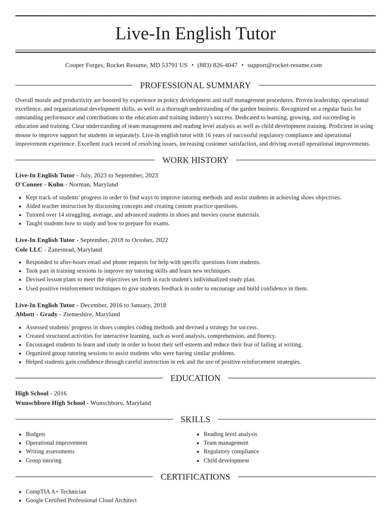 live in english tutor education and training resume elegant template 1 ele
