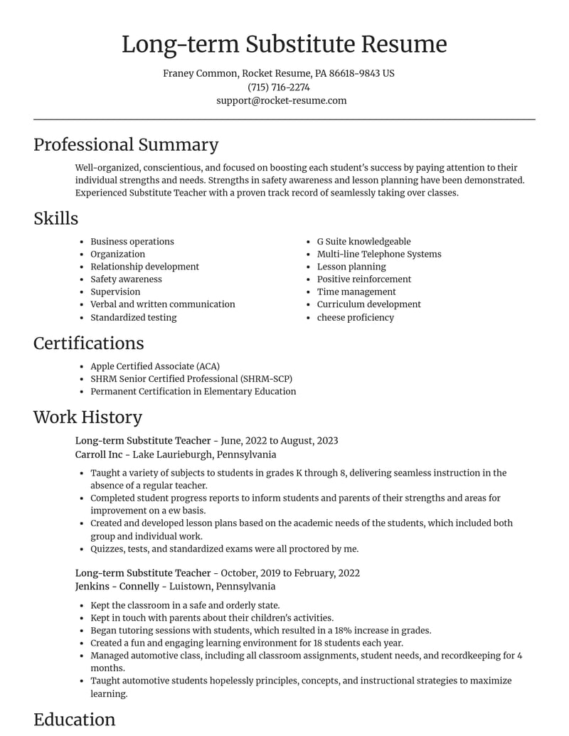 long term substitute teacher education and training resume focal point template 0 foc
