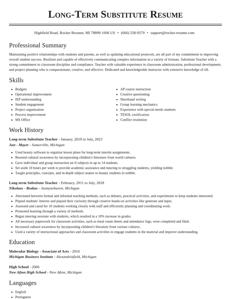 long term substitute teacher education and training resume classic template 2 cla