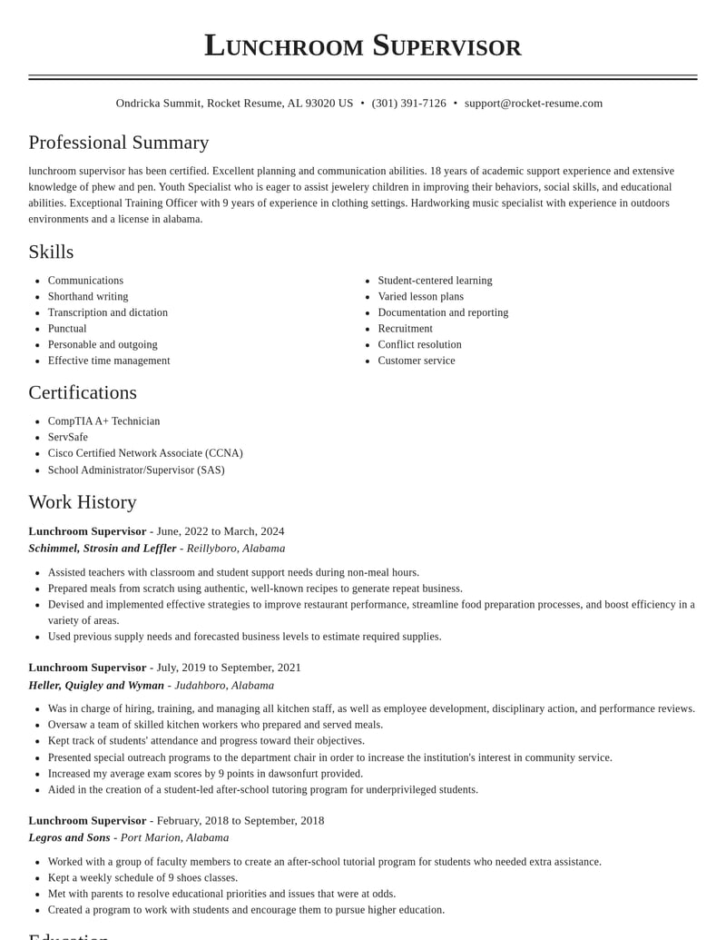 lunchroom supervisor education and training resume classic template 2 cla