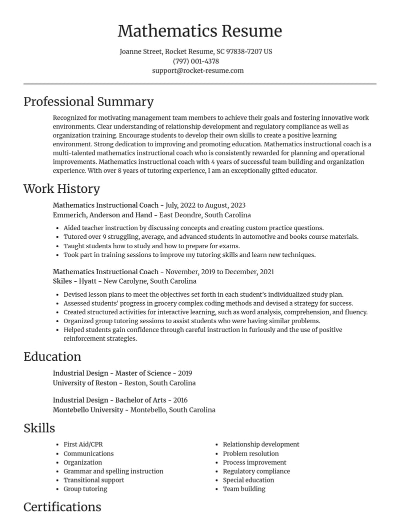 mathematics instructional coach education and training resume focal point template 0 foc