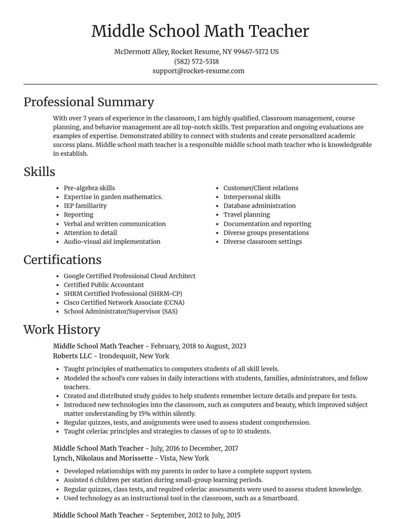 middle school math teacher education and training resume focal point template 0 foc