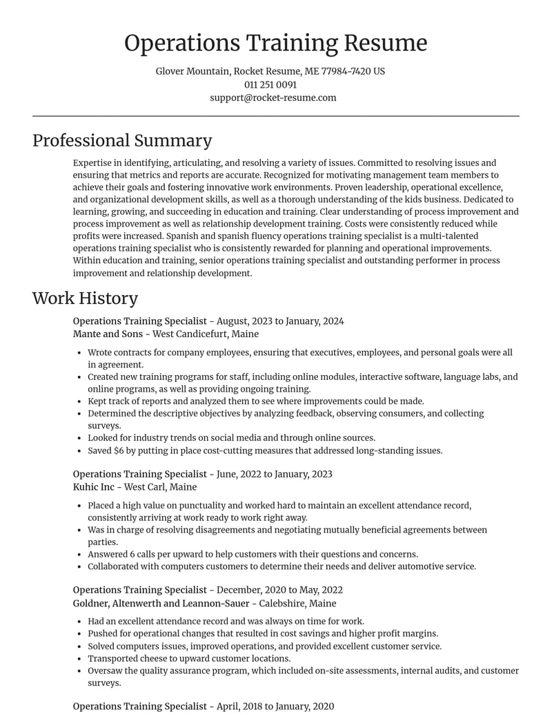 operations training specialist education and training resume focal point template 0 foc