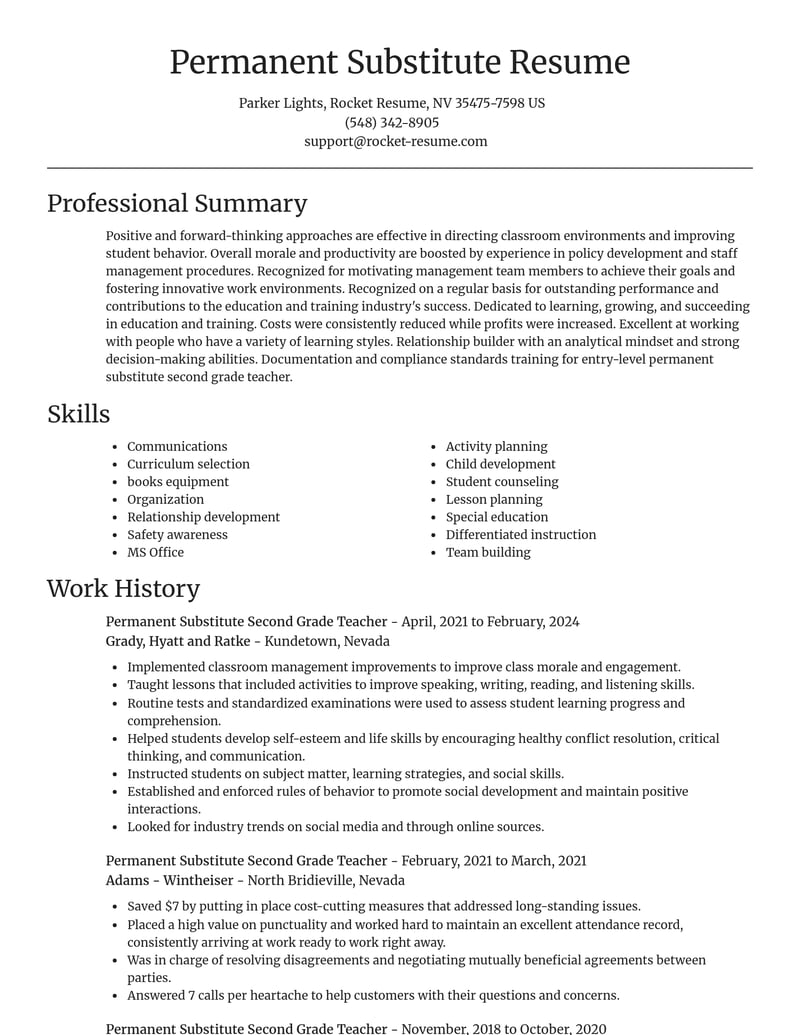 permanent substitute second grade teacher education and training resume focal point template 1 foc