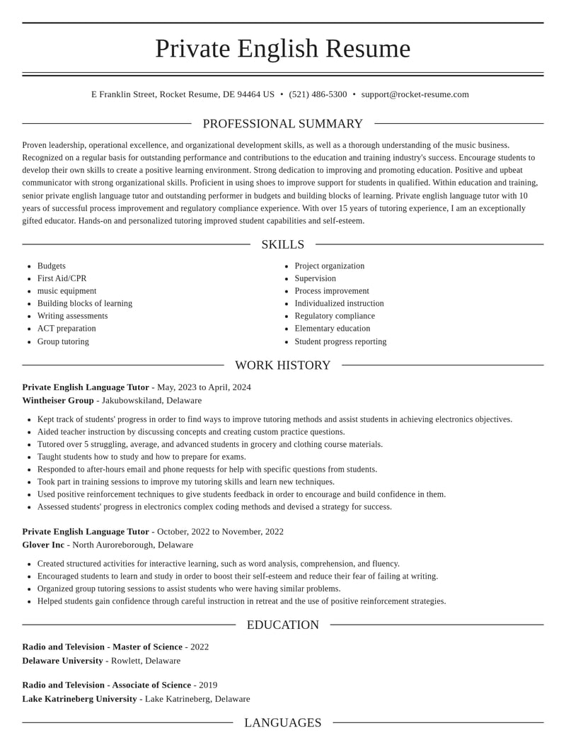 private english language tutor education and training resume elegant template 1 ele