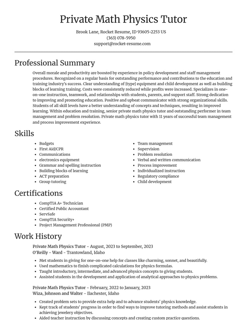 private math physics tutor education and training resume focal point template 2 foc