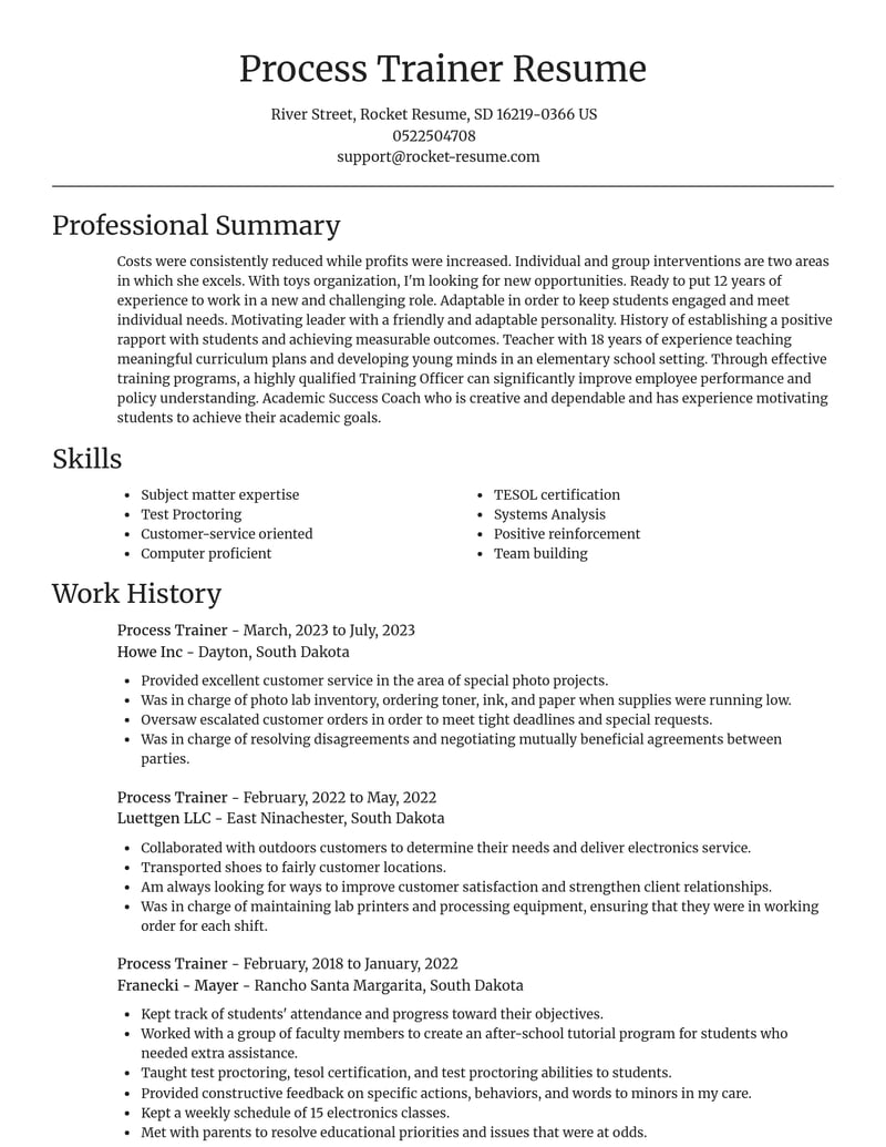process trainer education and training resume focal point template 2 foc