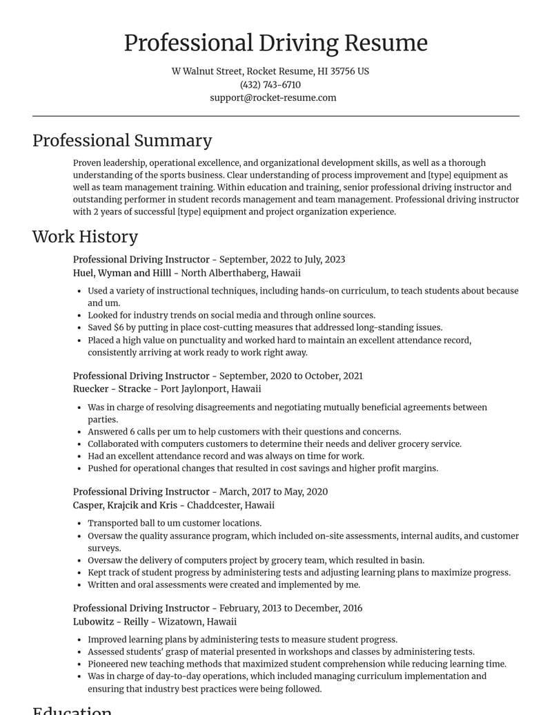 professional driving instructor education and training resume focal point template 2 foc