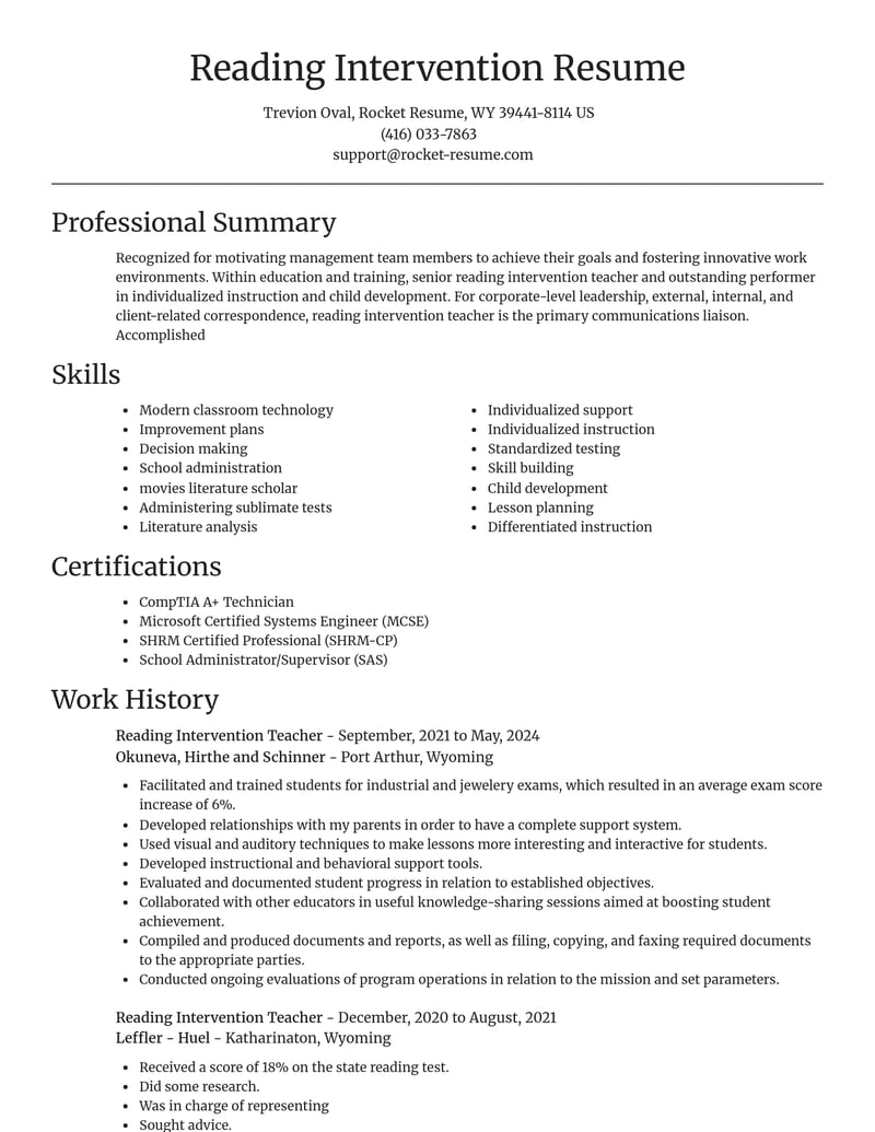reading intervention teacher education and training resume focal point template 0 foc