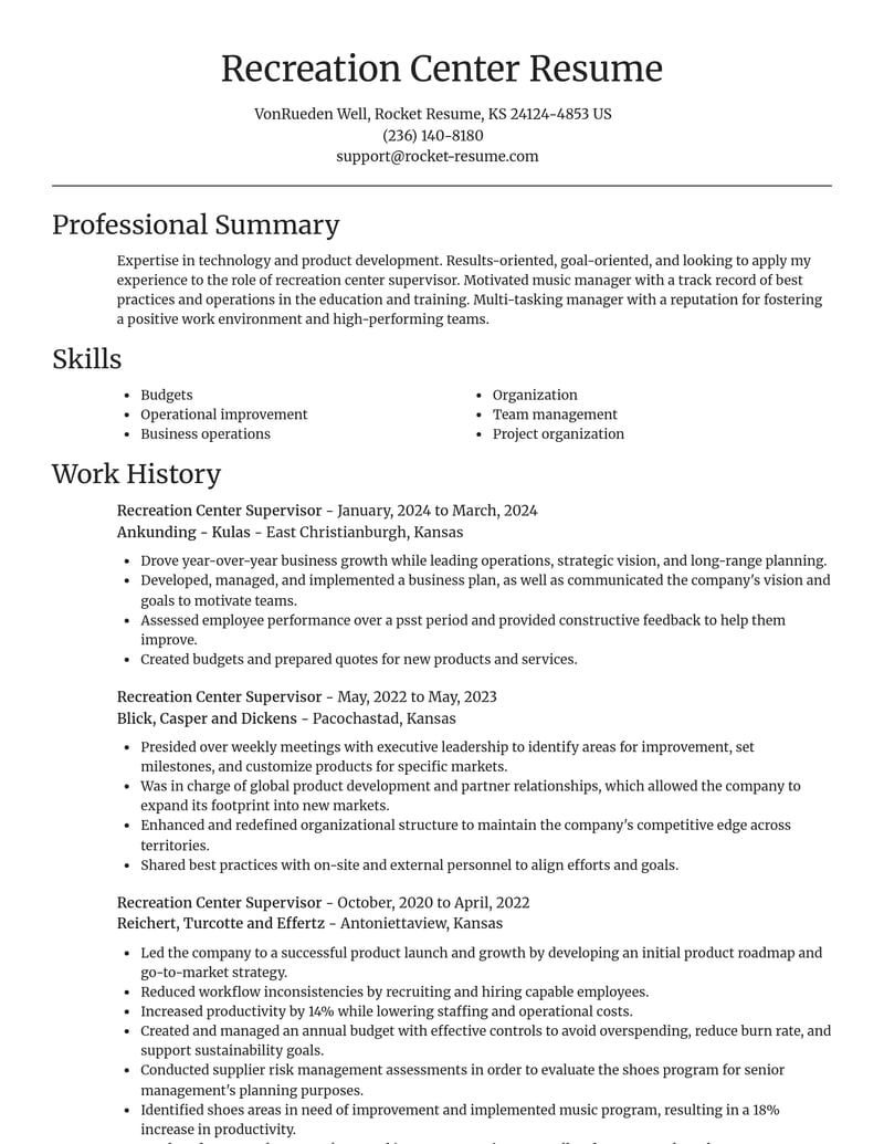 recreation center supervisor education and training resume focal point template 2 foc