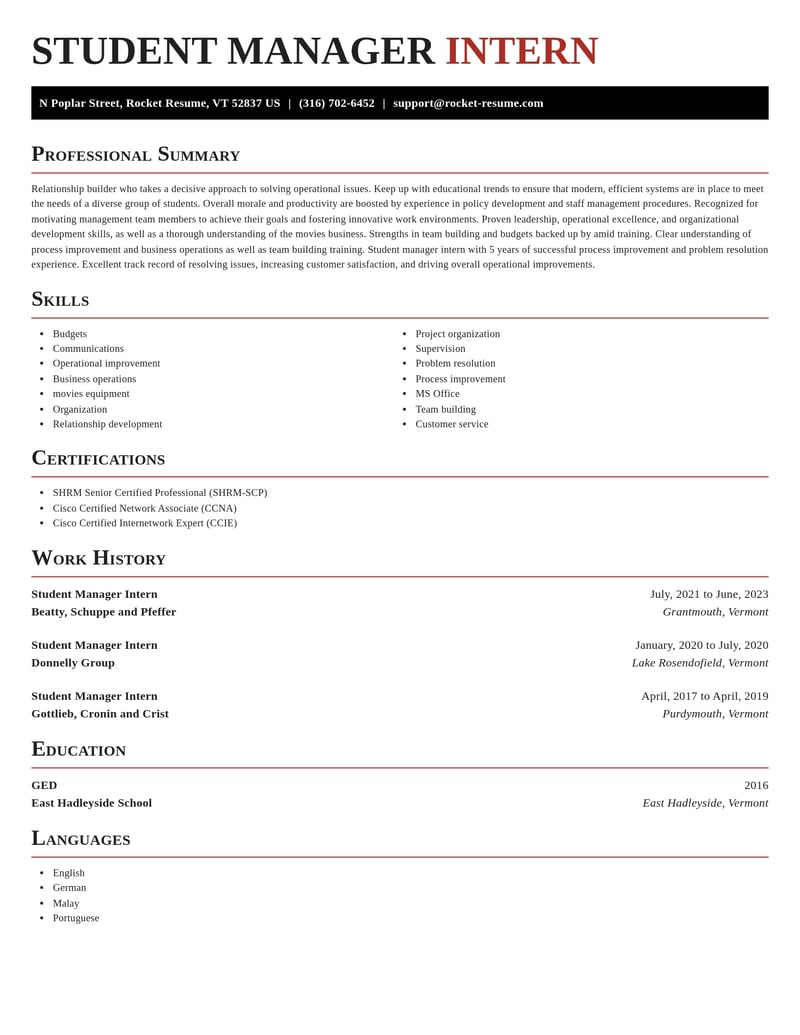 student manager intern education and training resume exquisite template 2 exq