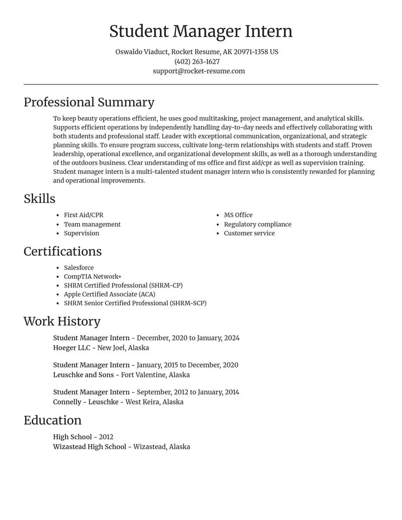 student manager intern education and training resume focal point template 2 foc