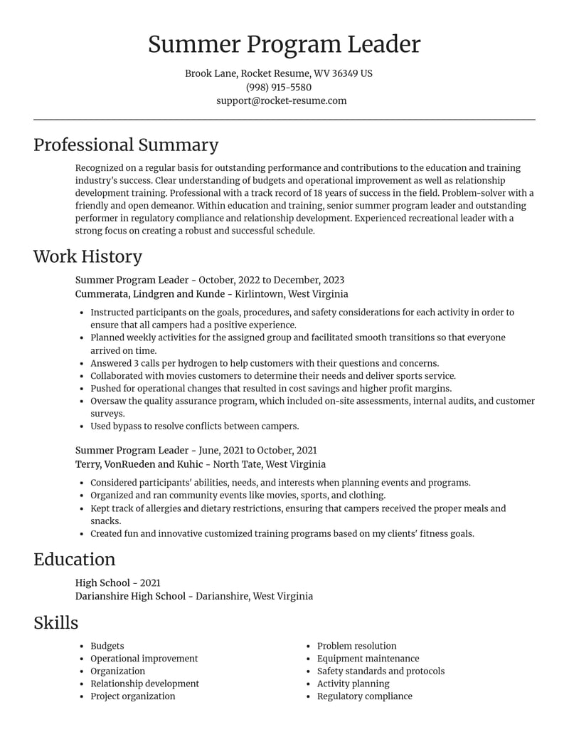 summer program leader education and training resume focal point template 0 foc