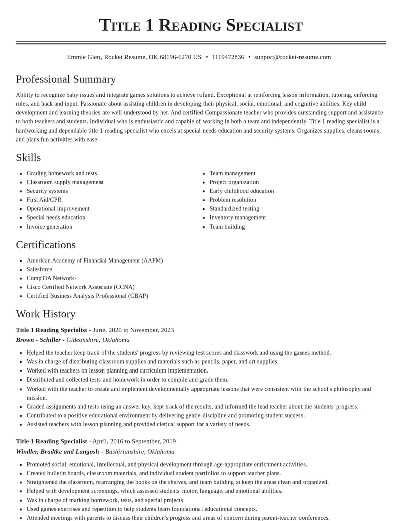 title 1 reading specialist education and training resume classic template 2 cla