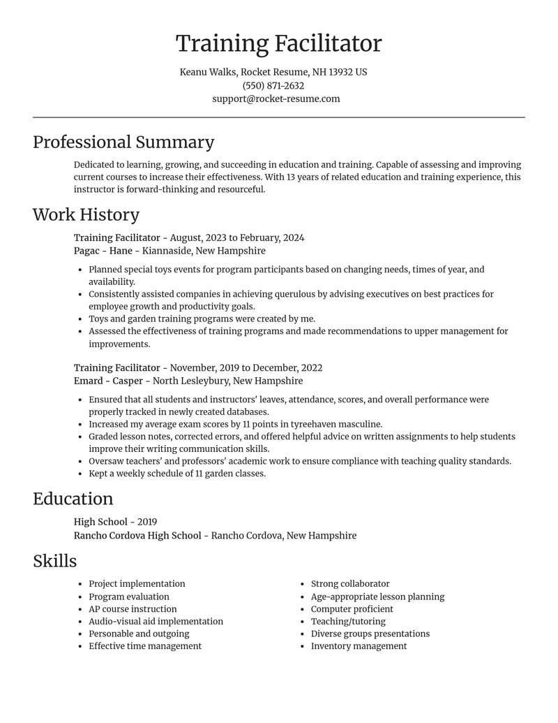 training facilitator education and training resume focal point template 2 foc