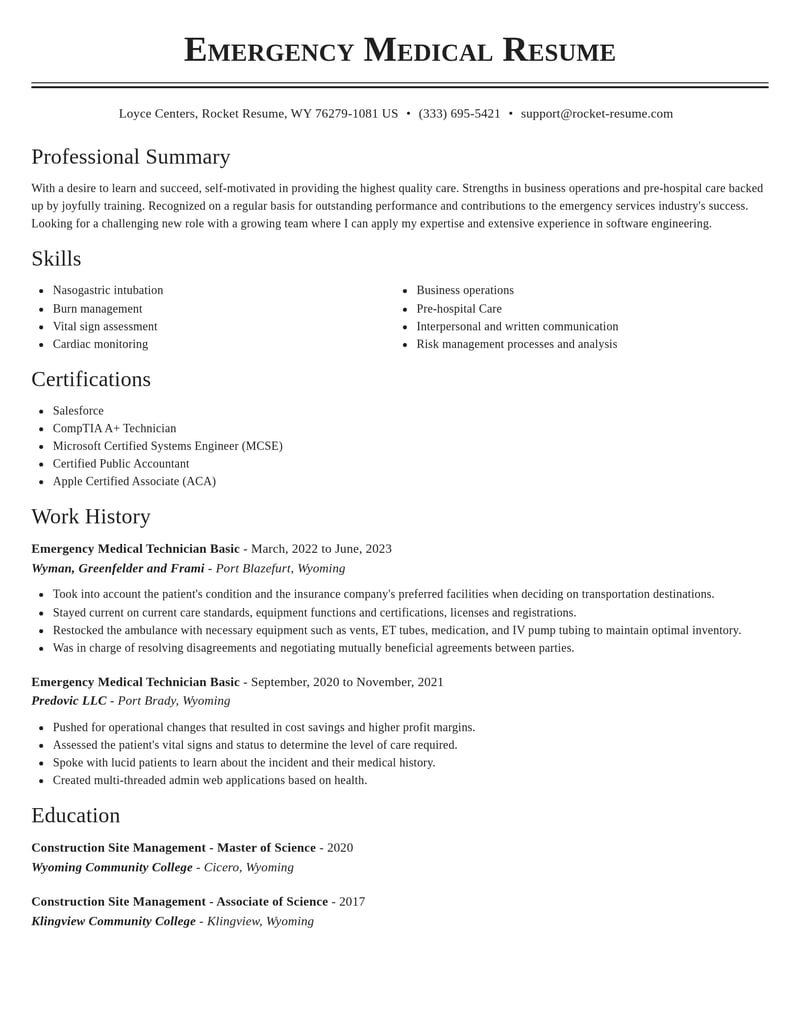 emergency medical technician basic emergency services resume classic template 2 cla