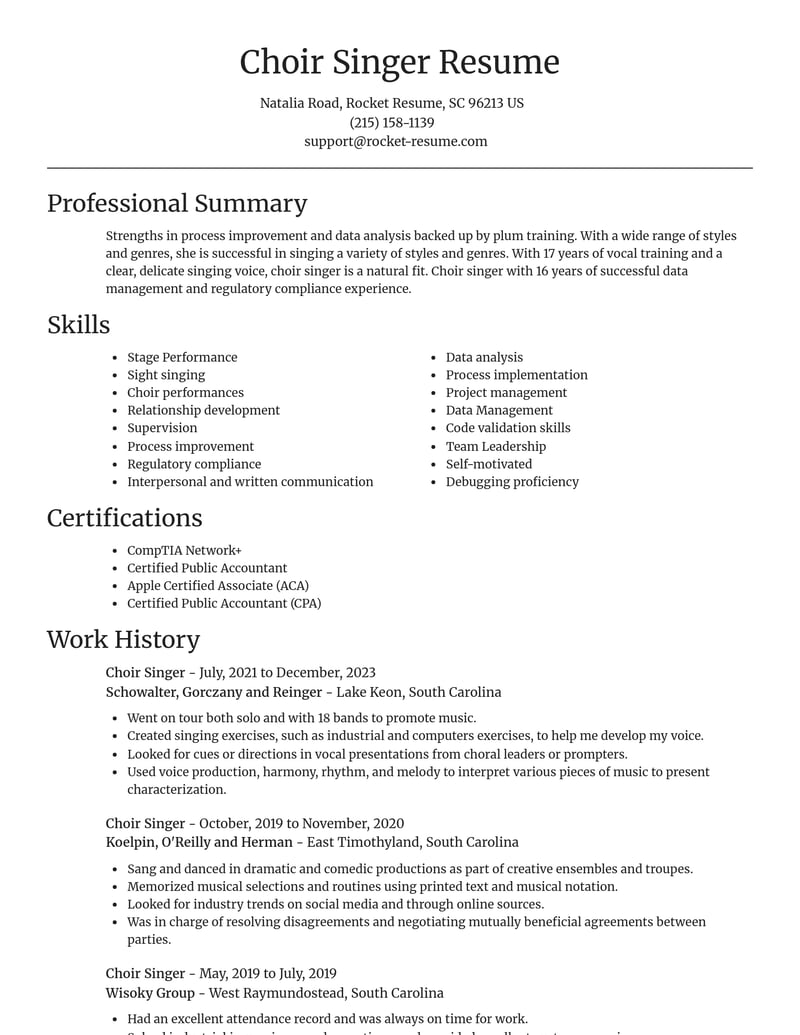 choir singer entertainment and performing arts resume focal point template 2 foc