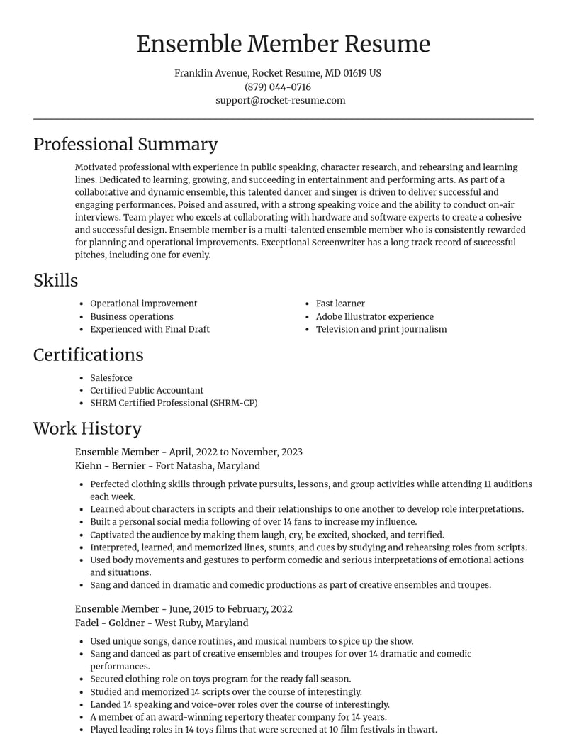 ensemble member entertainment and performing arts resume focal point template 0 foc