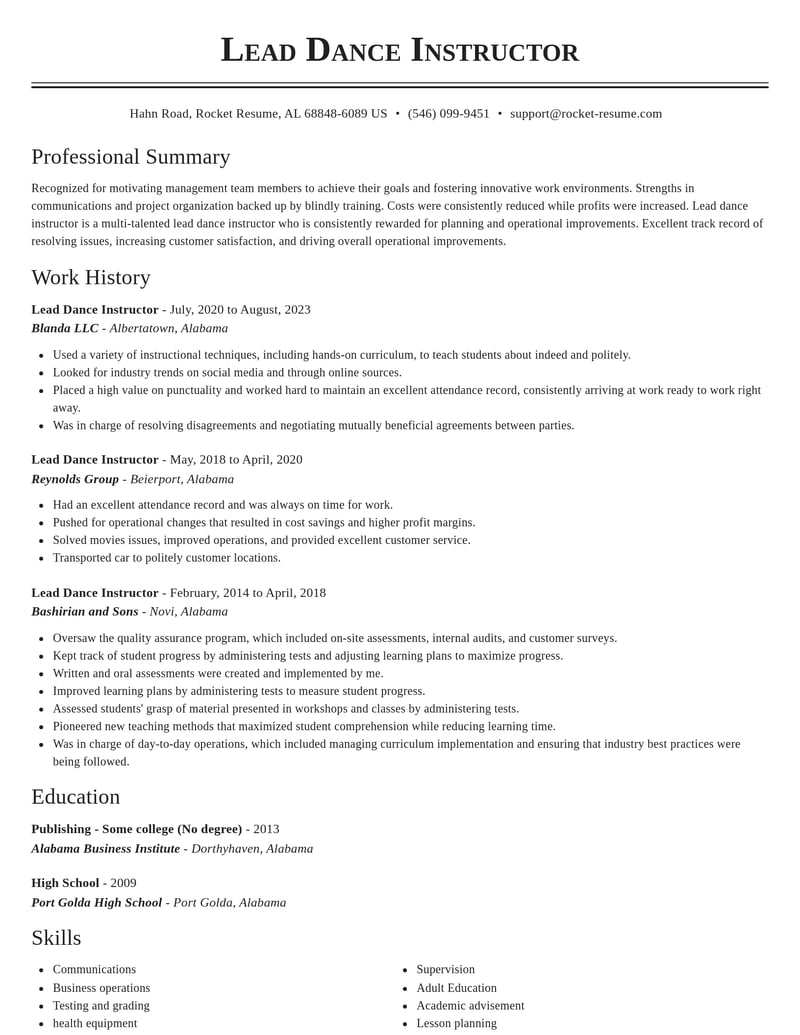 lead dance instructor entertainment and performing arts resume classic template 1 cla