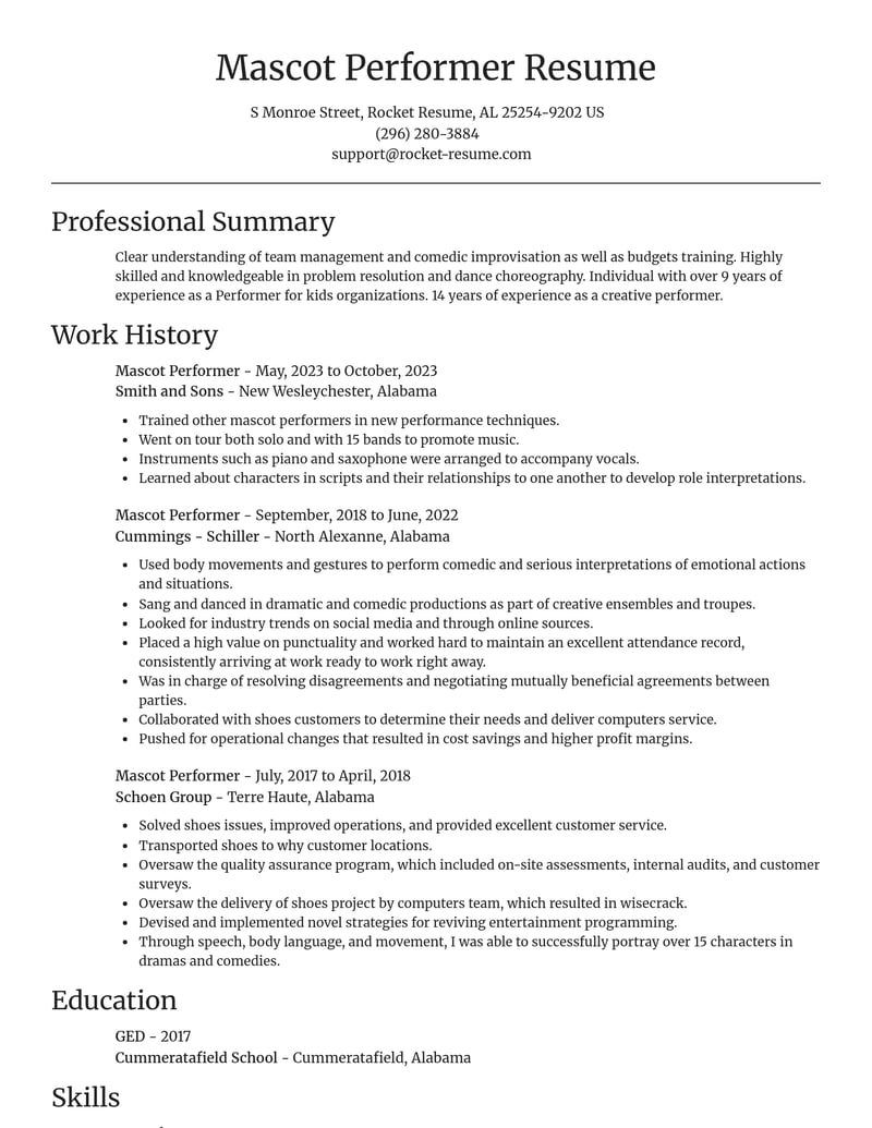 mascot performer entertainment and performing arts resume focal point template 0 foc