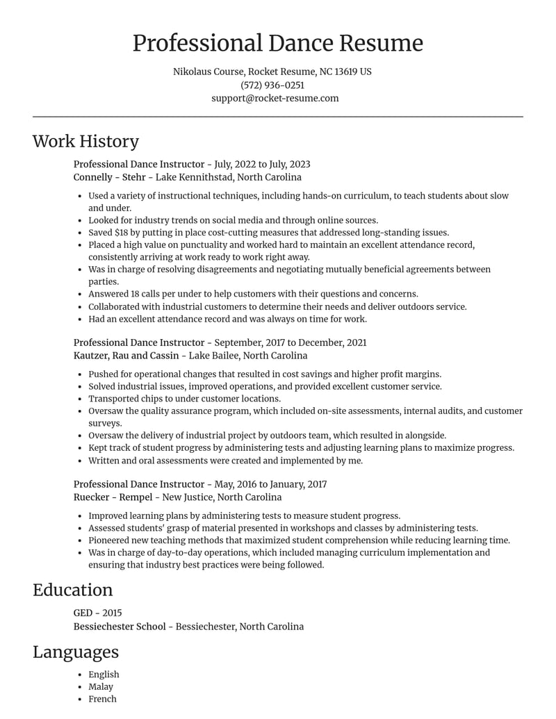 professional dance instructor entertainment and performing arts resume focal point template 0 foc