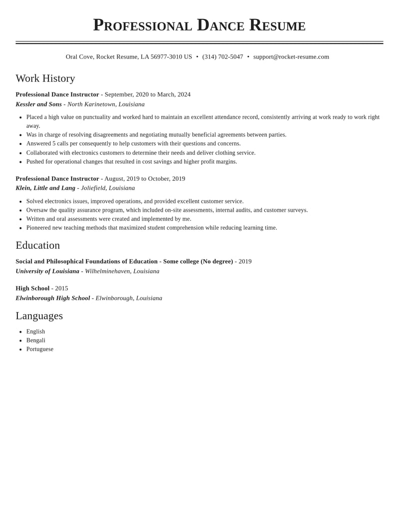 professional dance instructor entertainment and performing arts resume classic template 2 cla