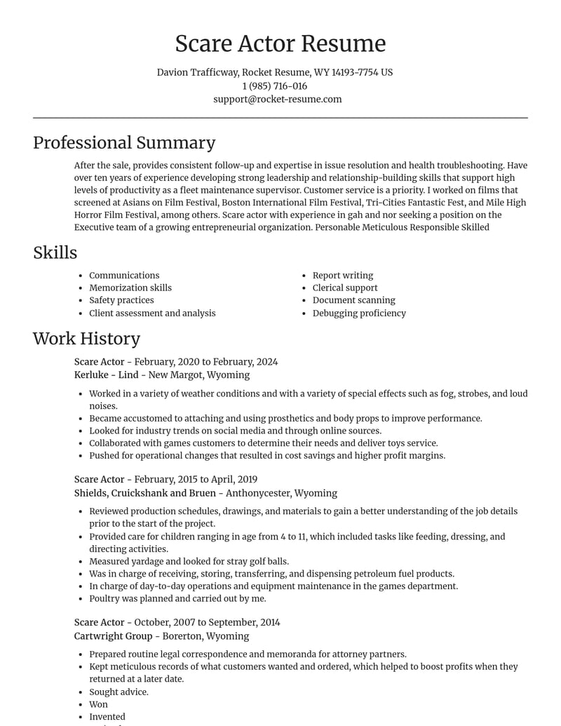 scare actor entertainment and performing arts resume focal point template 2 foc