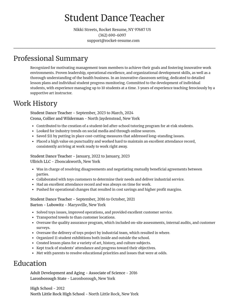 student dance teacher entertainment and performing arts resume focal point template 0 foc