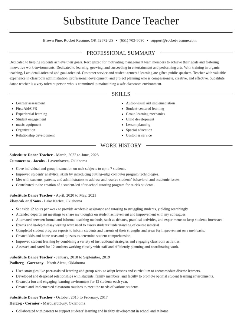 substitute dance teacher entertainment and performing arts resume elegant template 1 ele