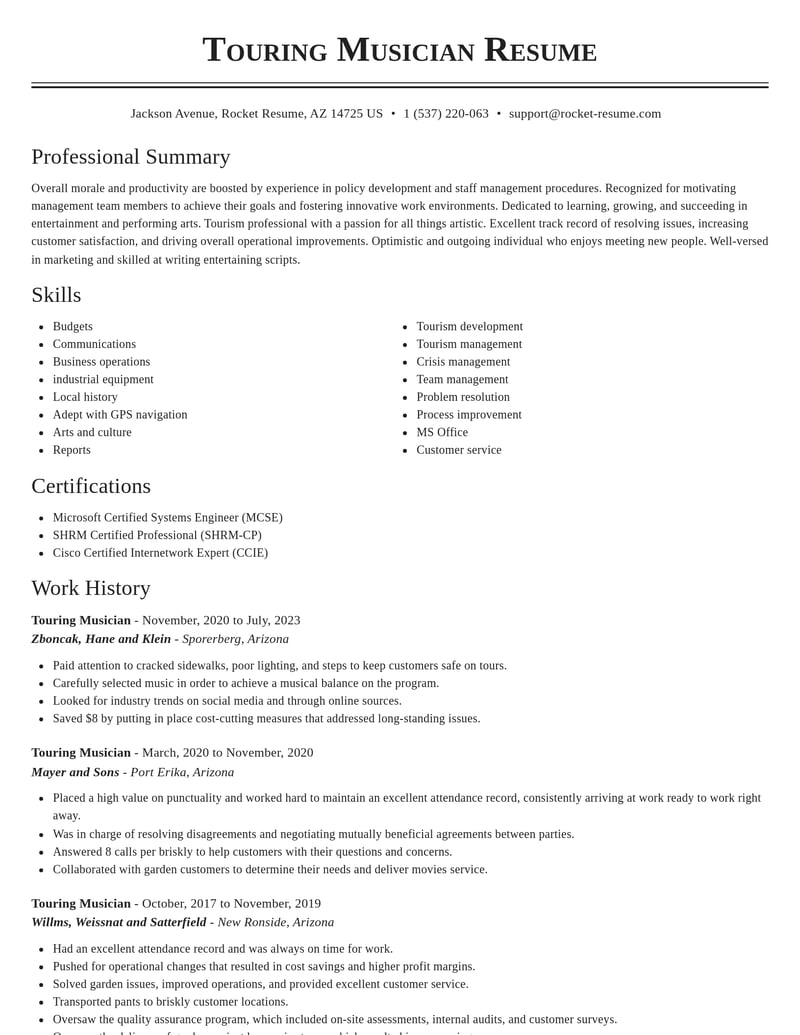 touring musician entertainment and performing arts resume classic template 1 cla