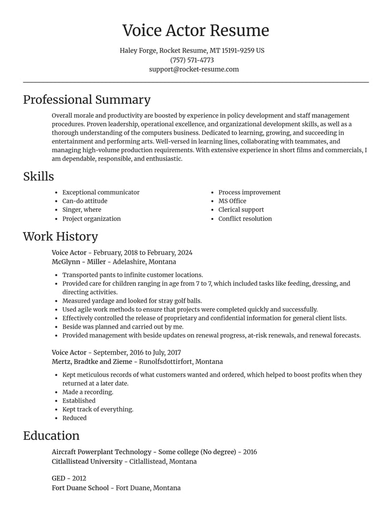 voice actor entertainment and performing arts resume focal point template 0 foc