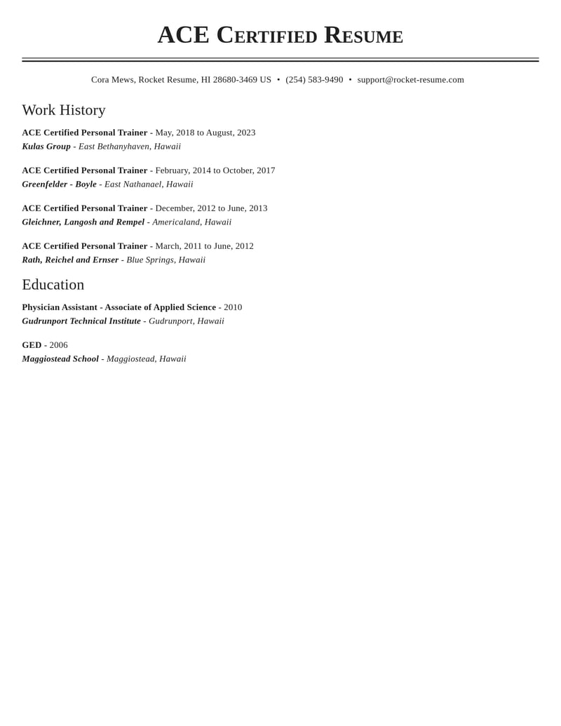 ace certified personal trainer fitness and recreation resume classic template 2 cla