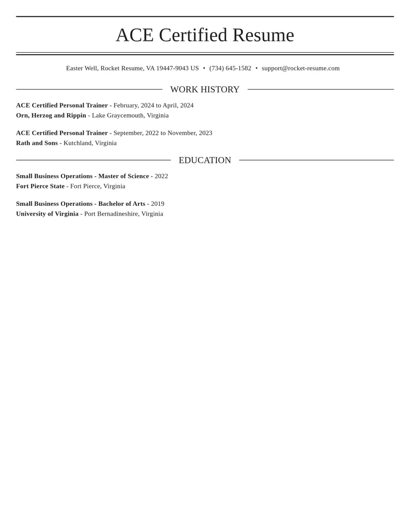 ace certified personal trainer fitness and recreation resume elegant template 2 ele