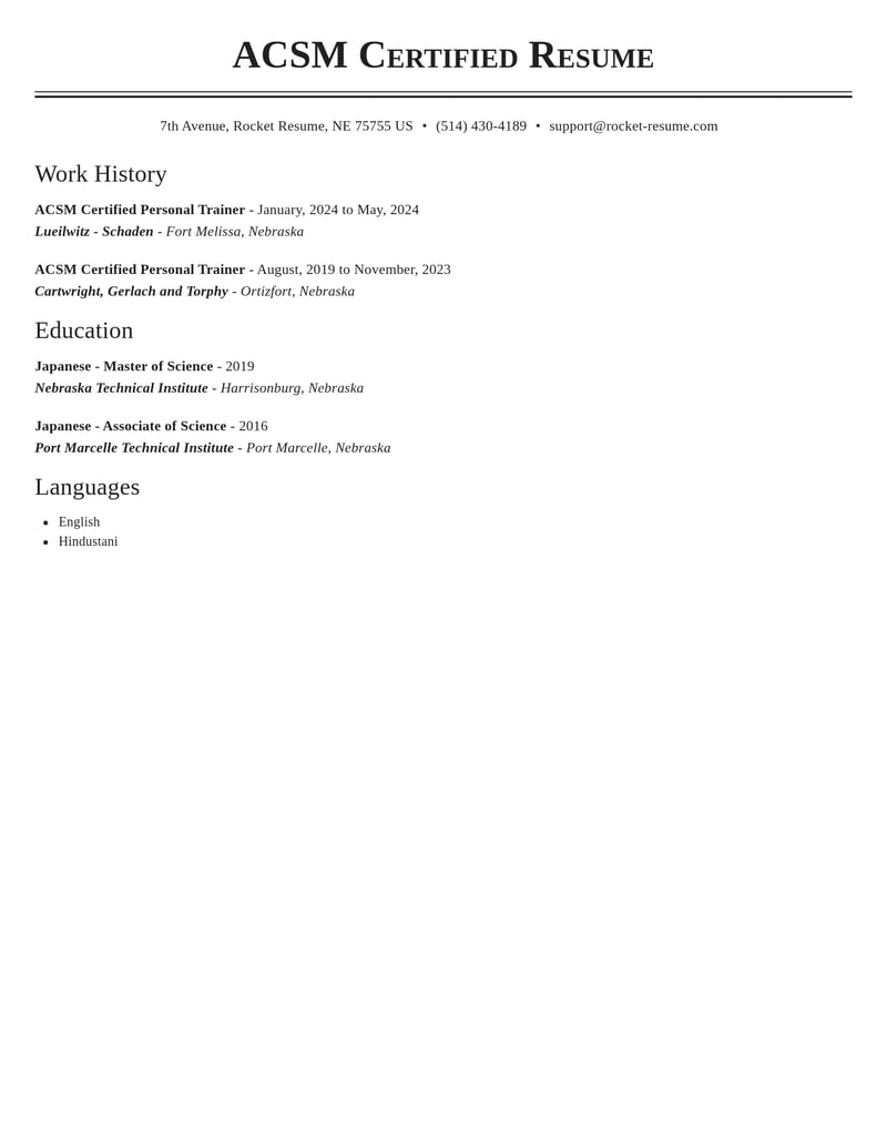acsm certified personal trainer fitness and recreation resume classic template 1 cla