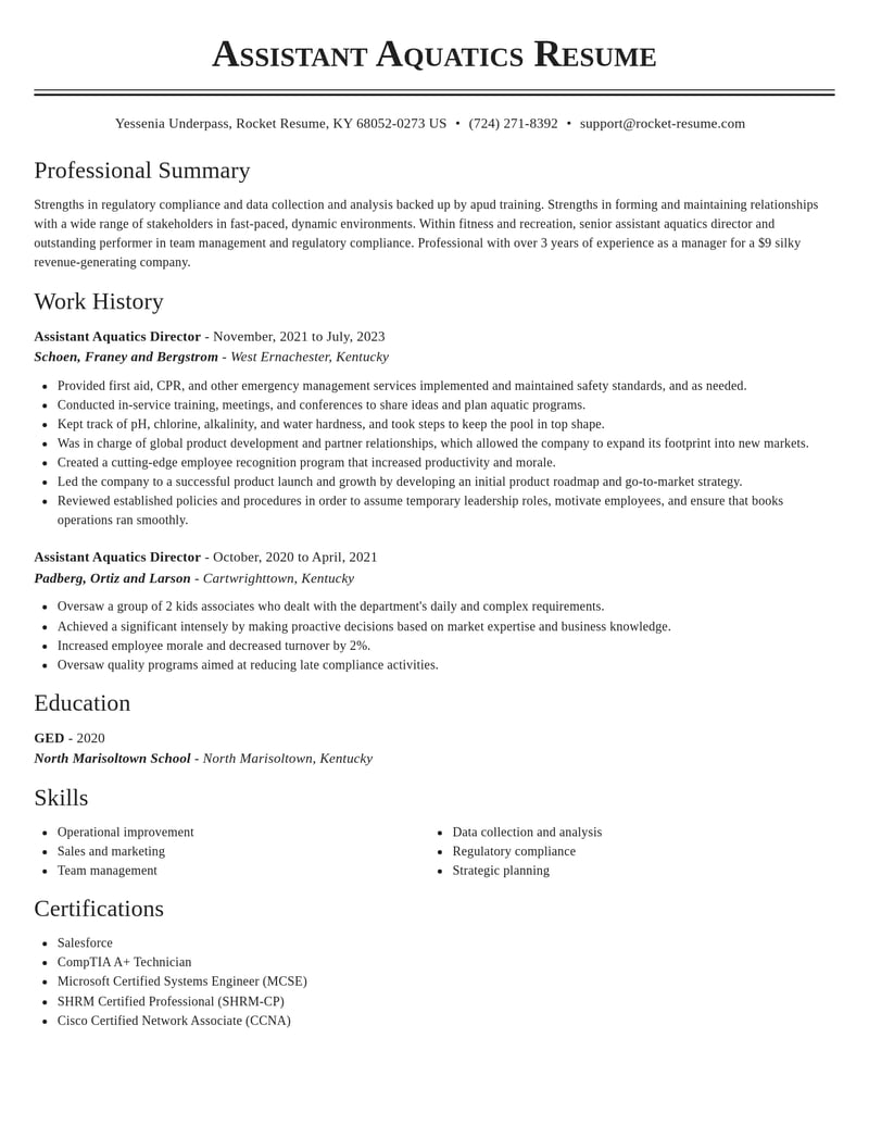 assistant aquatics director fitness and recreation resume classic template 0 cla