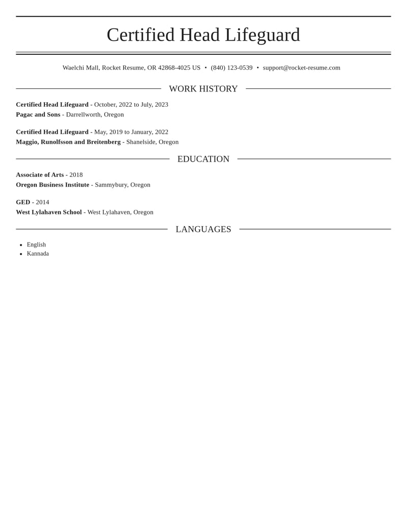 certified head lifeguard fitness and recreation resume elegant template 1 ele