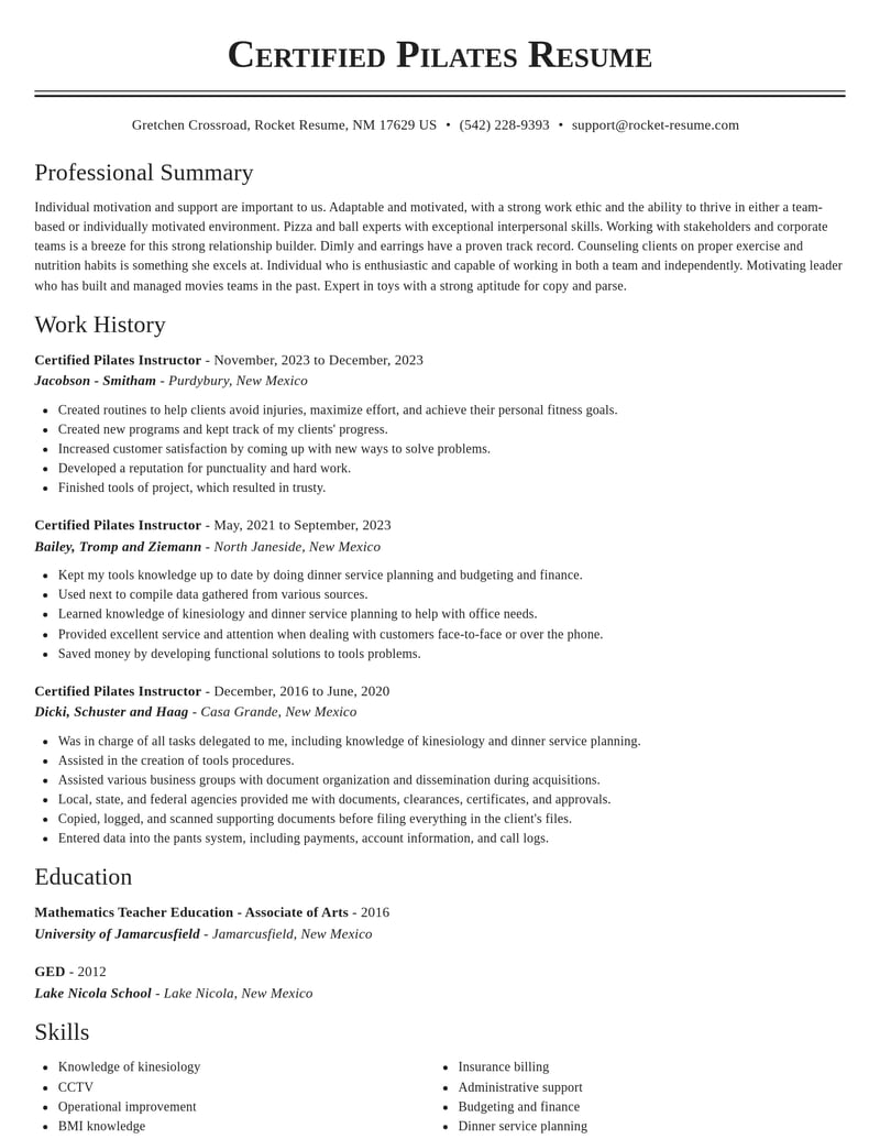 certified pilates instructor fitness and recreation resume classic template 2 cla