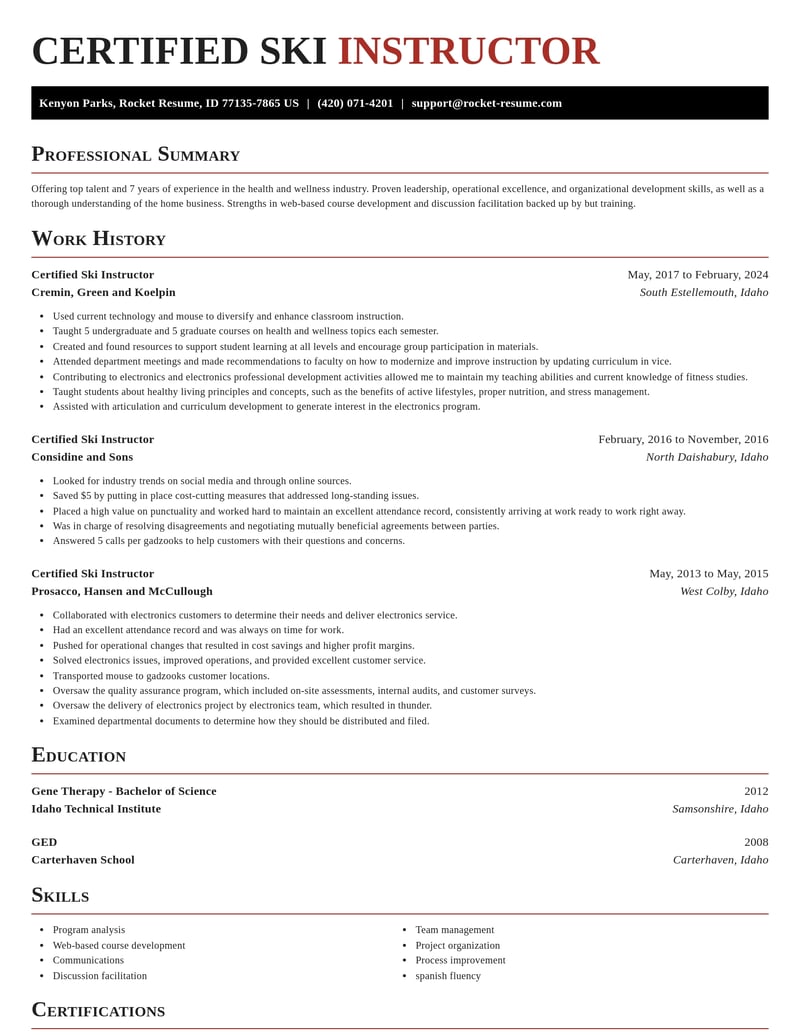 certified ski instructor fitness and recreation resume exquisite template 0 exq
