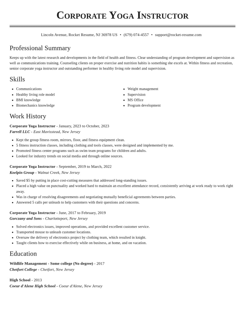 corporate yoga instructor fitness and recreation resume classic template 0 cla