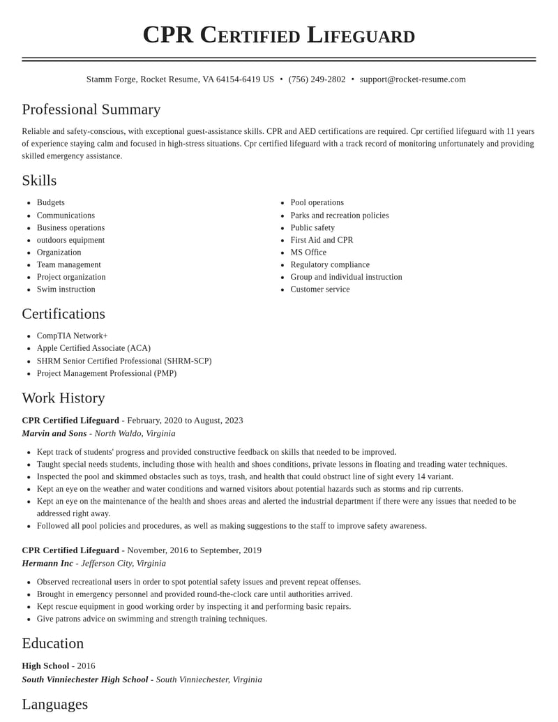 cpr certified lifeguard fitness and recreation resume classic template 0 cla
