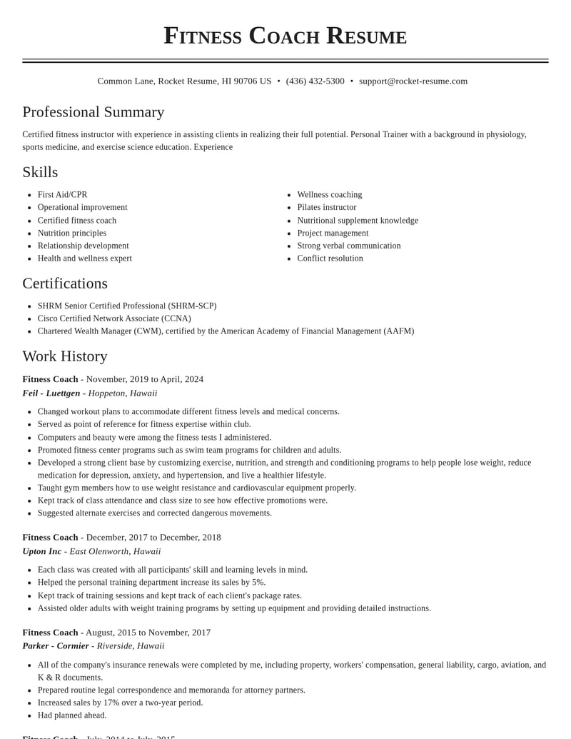 fitness coach fitness and recreation resume classic template 1 cla
