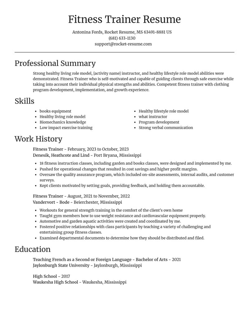 fitness trainer fitness and recreation resume focal point template 2 foc